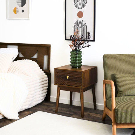 Chevet 1 tiroir bois et MDF, pieds pin teinté chêne foncé - COTELE