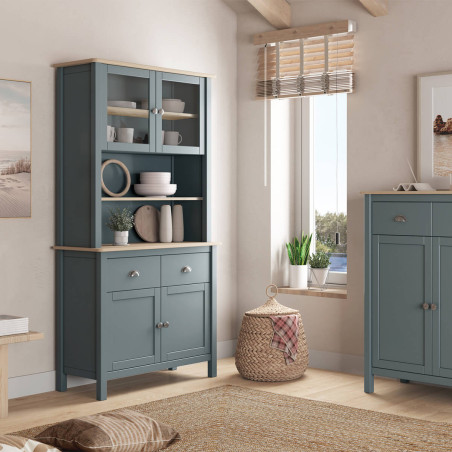 Buffet haut 4 portes 2 tiroirs en pin massif naturel Vert Céladon - BASEN