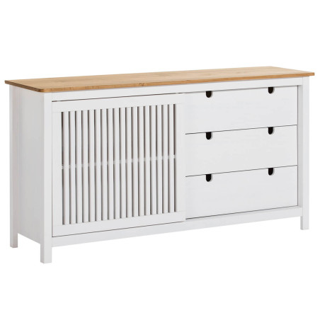 Buffet bas 3 tiroirs 1 porte bois ciré et blanc - MALLA