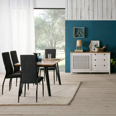 Buffet bas 3 tiroirs 1 porte bois ciré et blanc - MALLA