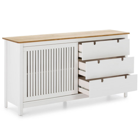 Buffet bas 3 tiroirs 1 porte bois ciré et blanc - MALLA