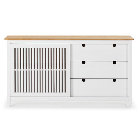Buffet bas 3 tiroirs 1 porte bois ciré et blanc - MALLA