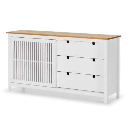 Buffet bas 3 tiroirs 1 porte bois ciré et blanc - MALLA