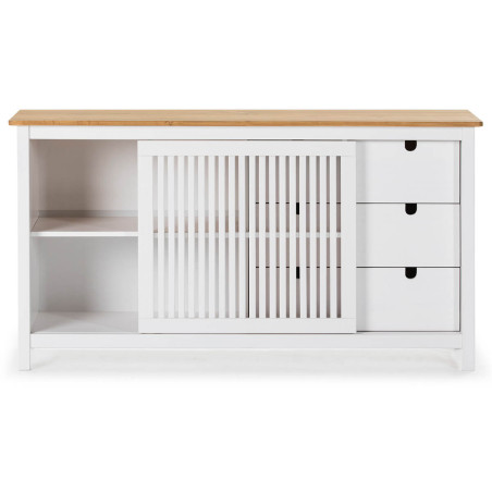 Buffet bas 3 tiroirs 1 porte bois ciré et blanc - MALLA