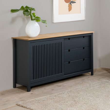 Buffet bas 3 tiroirs 1 porte coul. Bois ciré et gris - MALLA