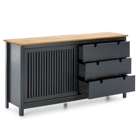 Buffet bas 3 tiroirs 1 porte coul. Bois ciré et gris - MALLA