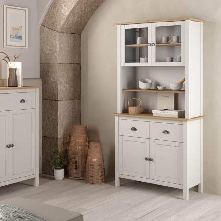Buffet haut 4 portes 2 tiroirs en pin massif naturel et blanc - BASEN