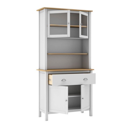 Buffet haut 4 portes 2 tiroirs en pin massif naturel et blanc - BASEN
