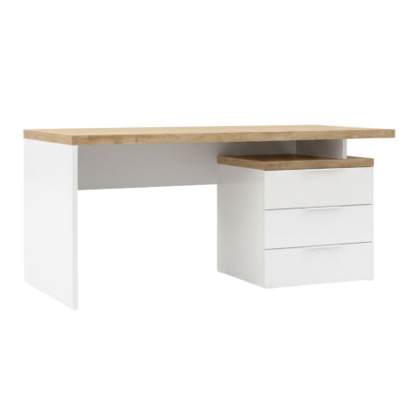 Bureau 160 cm avec rangements blanc laqué brillant et plateau décor chêne 38mm - GENIUSOR