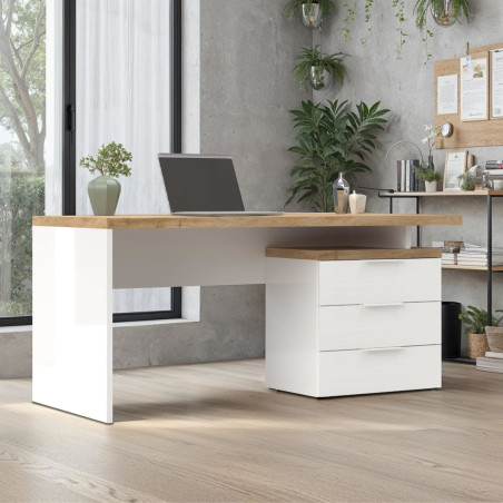 Bureau 160 cm avec rangements blanc laqué brillant et plateau décor chêne 38mm - GENIUSOR