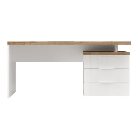 Bureau 160 cm avec rangements blanc laqué brillant et plateau décor chêne 38mm - GENIUSOR