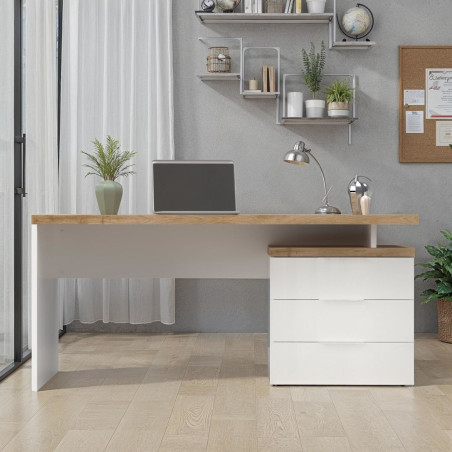 Bureau 160 cm avec rangements blanc laqué brillant et plateau décor chêne 38mm - GENIUSOR