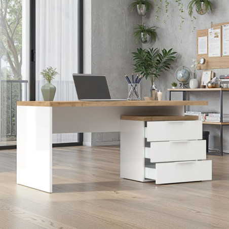 Bureau 160 cm avec rangements blanc laqué brillant et plateau décor chêne 38mm - GENIUSOR
