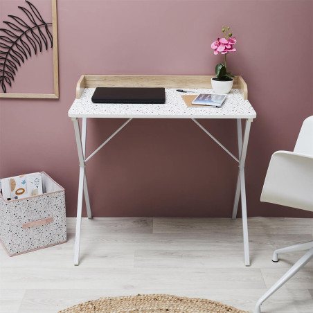 Bureau blanc à motifs éclats avec rebord effet bois - PINOR