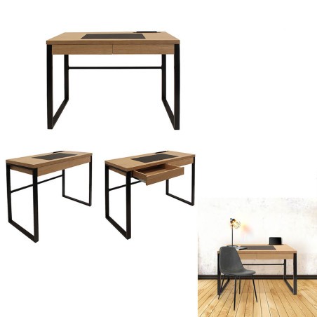 Bureau plateau effet bois piètement noir - CABLON