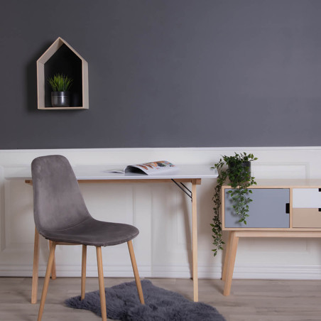 Bureau blanc avec piétement hévéa massif naturel - DAMACIA