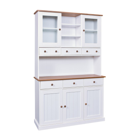 Buffet vaisselier 5 portes 6 tiroirs bois massif vernis sépia et blanc - SORAN