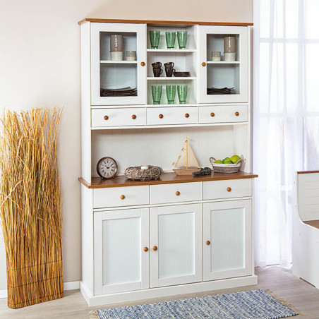 Buffet vaisselier 5 portes 6 tiroirs bois massif vernis sépia et blanc - SORAN