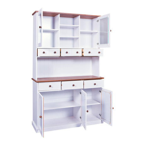 Buffet vaisselier 5 portes 6 tiroirs bois massif vernis sépia et blanc - SORAN