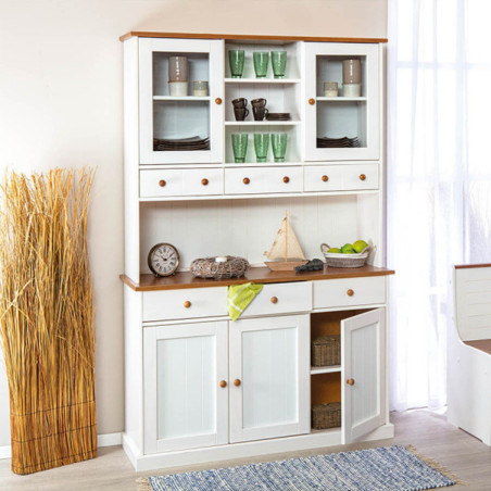 Buffet vaisselier 5 portes 6 tiroirs bois massif vernis sépia et blanc - SORAN