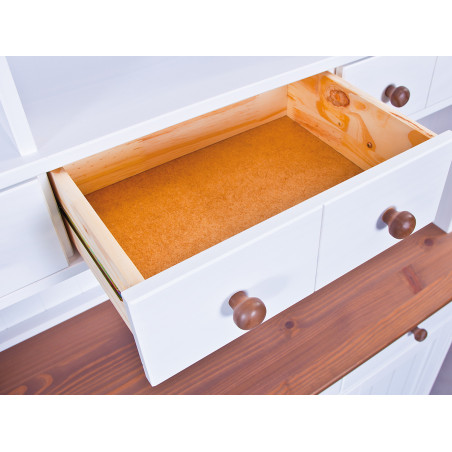 Buffet vaisselier 5 portes 6 tiroirs bois massif vernis sépia et blanc - SORAN