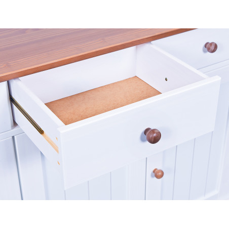 Buffet vaisselier 5 portes 6 tiroirs bois massif vernis sépia et blanc - SORAN