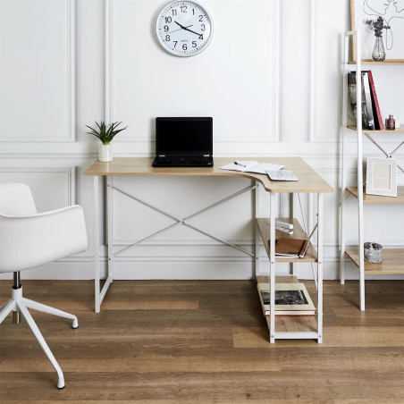 Bureau d'angle blanc et naturel avec 2 tablettes - BIARO