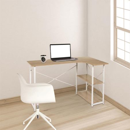 Bureau d'angle blanc et naturel avec 2 tablettes - BIARO