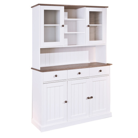 Buffet vaisselier 5 portes 3 tiroirs bois massif vernis sepia et blanc - SORAN