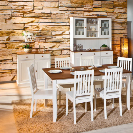 Buffet vaisselier 5 portes 3 tiroirs bois massif vernis sepia et blanc - SORAN