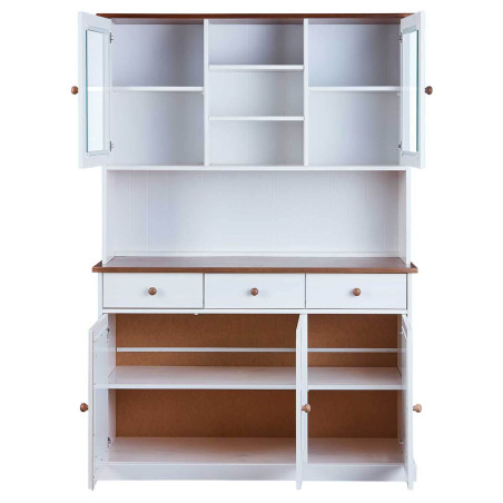 Buffet vaisselier 5 portes 3 tiroirs bois massif vernis sepia et blanc - SORAN