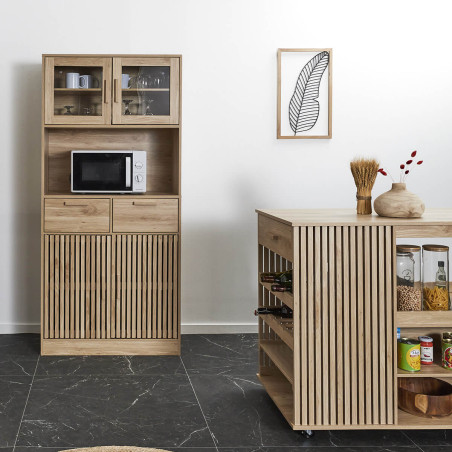 Buffet Vaisselier Multi-Rangement Effet Bois avec Tasseaux - PAJEN