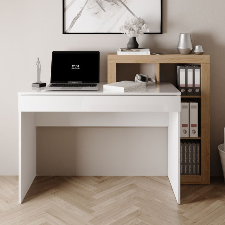 Bureau 1 tiroir étagères décalées blanc laqué aspect bois finition Cadiz - ARTIRA