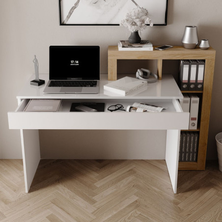 Bureau 1 tiroir étagères décalées blanc laqué aspect bois finition Cadiz - ARTIRA