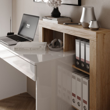 Bureau 1 tiroir étagères décalées blanc laqué aspect bois finition Cadiz - ARTIRA