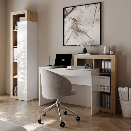 Bureau 1 tiroir étagères décalées blanc laqué aspect bois finition Cadiz - ARTIRA