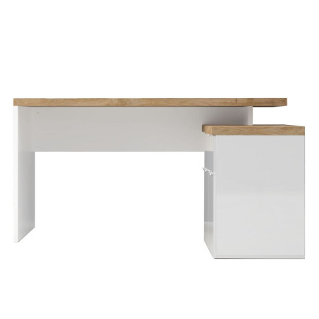 Bureau 138 cm avec retour et rangements blanc laqué, plateau aspect chêne Cadiz 38 mm - GENIUSOR