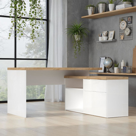 Bureau 138 cm avec retour et rangements blanc laqué, plateau aspect chêne Cadiz 38 mm - GENIUSOR