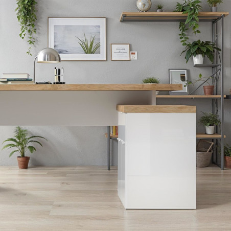 Bureau 138 cm avec retour et rangements blanc laqué, plateau aspect chêne Cadiz 38 mm - GENIUSOR