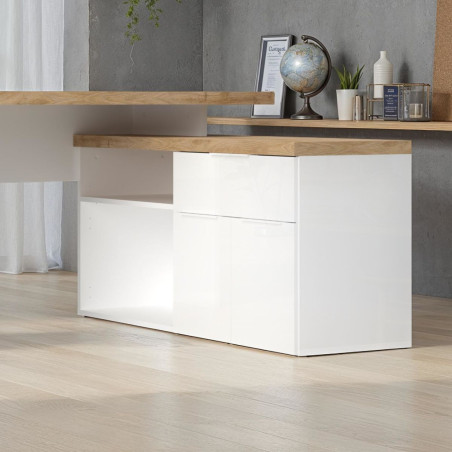 Bureau 138 cm avec retour et rangements blanc laqué, plateau aspect chêne Cadiz 38 mm - GENIUSOR