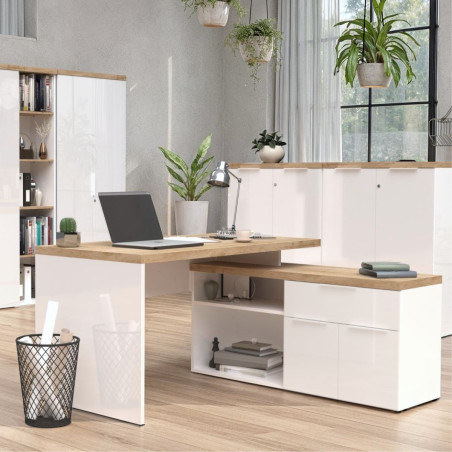 Bureau 138 cm avec retour et rangements blanc laqué, plateau aspect chêne Cadiz 38 mm - GENIUSOR