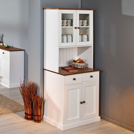 Buffet vaisselier 4 portes 2 tiroirs bois massif vernis blanc et sepia - SORAN