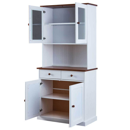 Buffet vaisselier 4 portes 2 tiroirs bois massif vernis blanc et sepia - SORAN