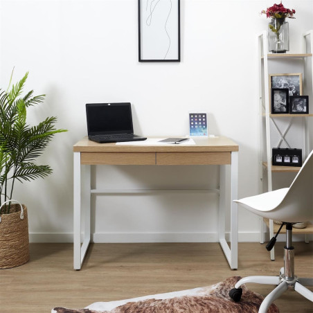 Bureau plateau effet bois, piètement blanc - CABLON