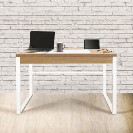 Bureau plateau effet bois, piètement blanc - CABLON