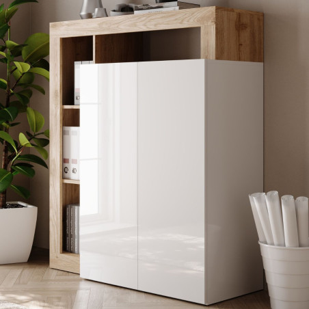 Bureau secrétaire 2 portes blanc laqué et aspect bois Cadiz - ARTIRA