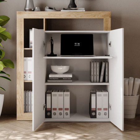 Bureau secrétaire 2 portes blanc laqué et aspect bois Cadiz - ARTIRA