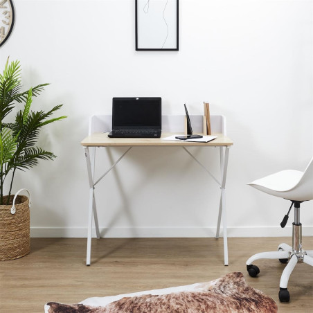 Bureau Plateau Effet Bois Piètement Blanc - BARON