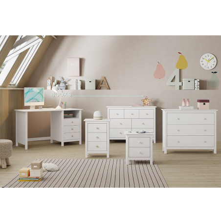 Bureau 3 Tiroirs en Pin Massif Blanc - DIVA