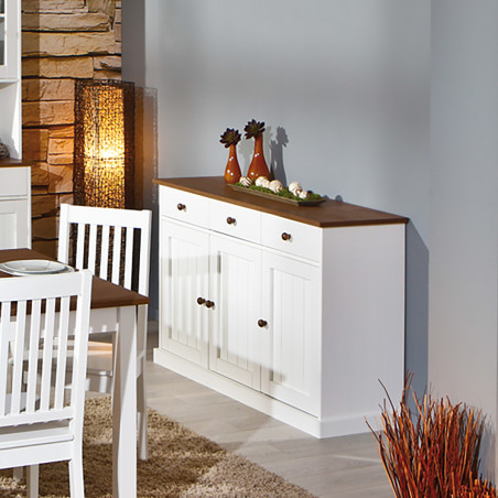 Buffet 3 portes 3 tiroirs bois massif vernis sepia et blanc - SORAN